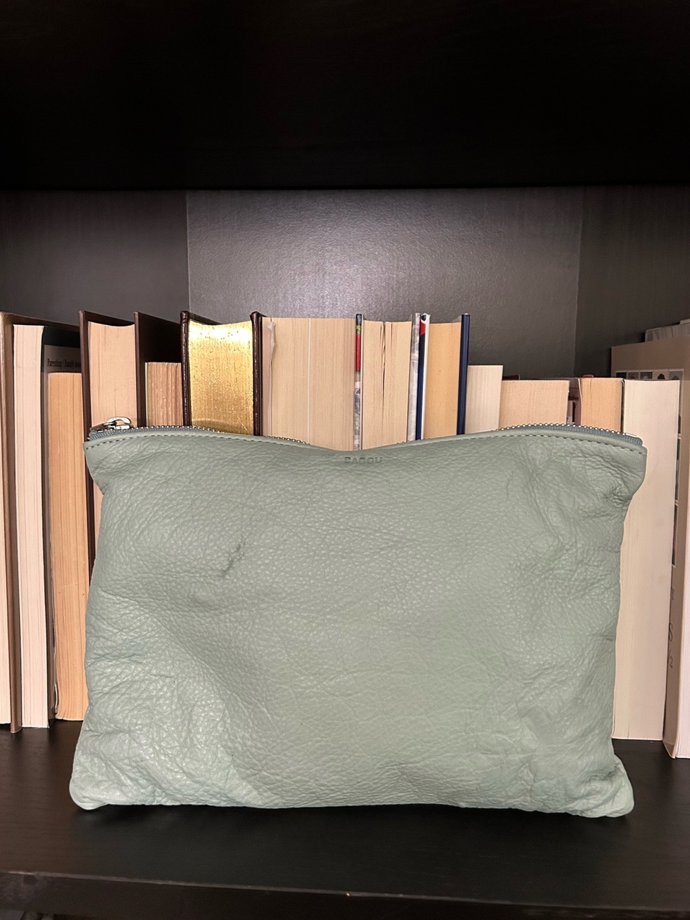 BAGGU Flat Pouch - Sea Glass - Natural Milled Leather. Made in the USA